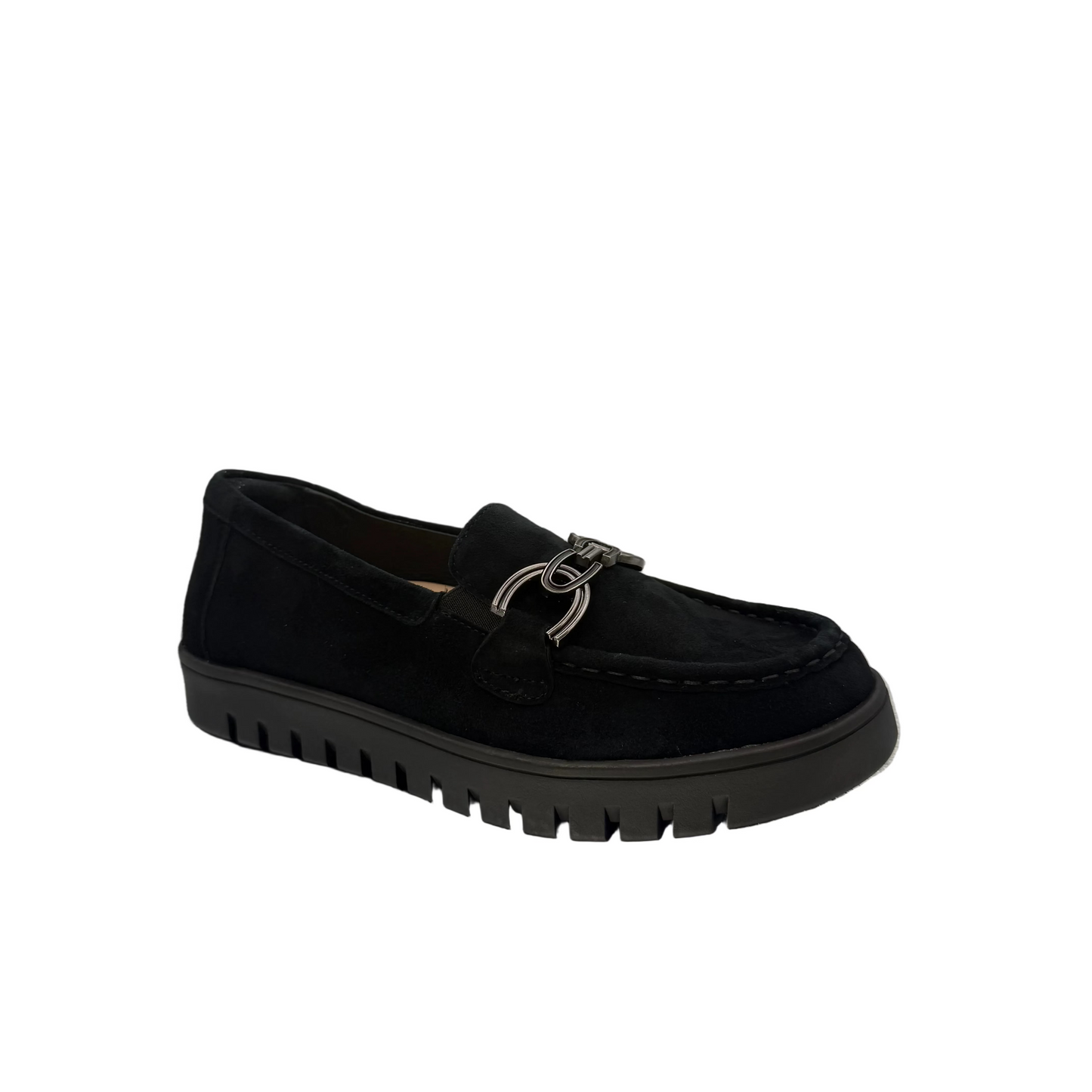 A black suede loafer-style shoe with a silver-tone horsebit detail on the vamp.