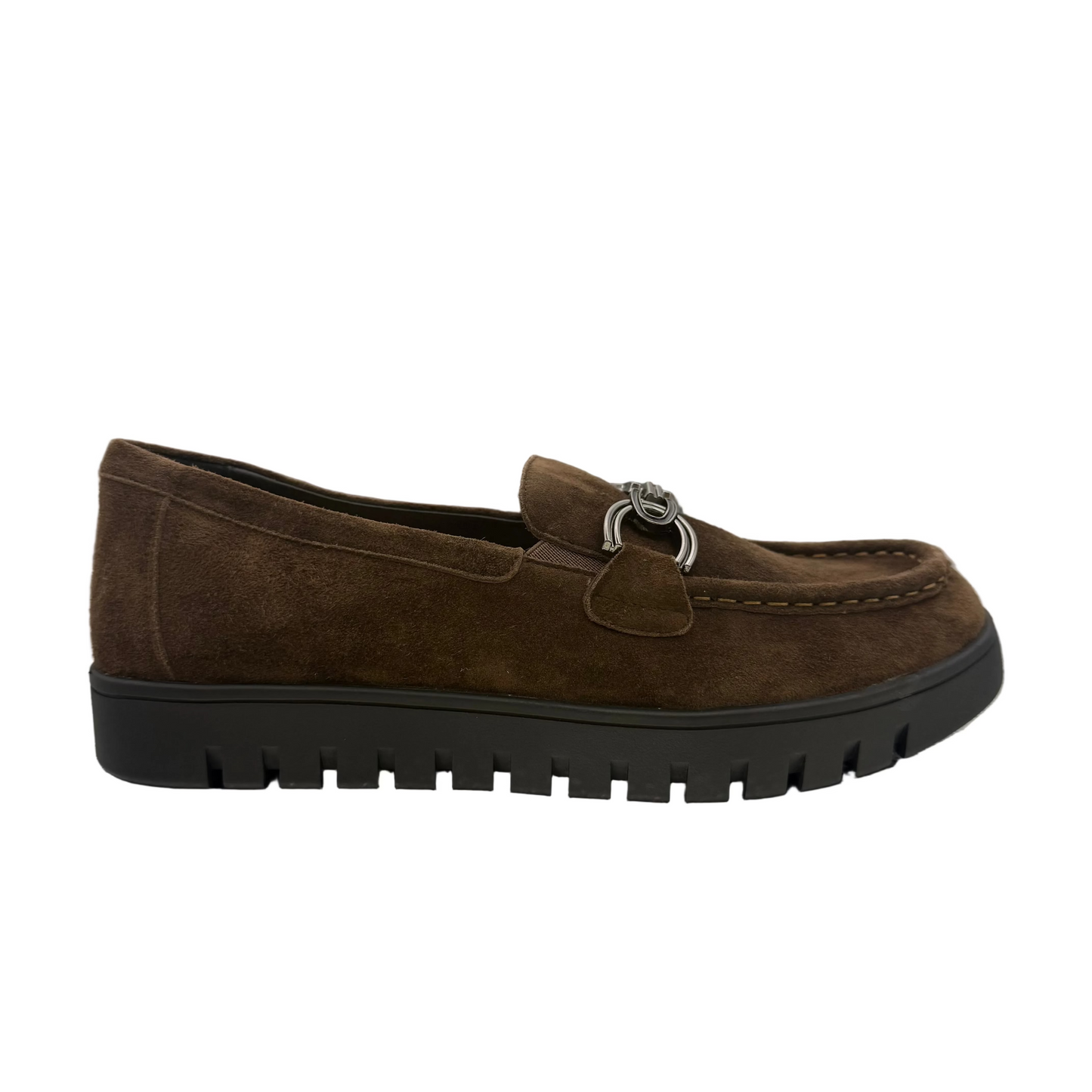 Chocolate brown suede slip-on loafer with a black sole and a metallic ring detail on the vamp.