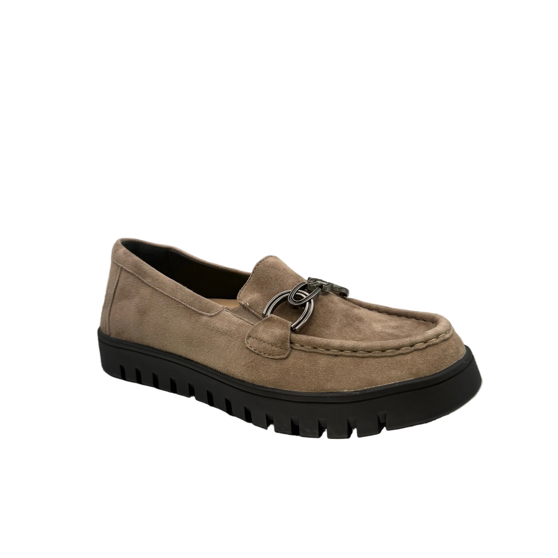 A taupe-brown suede loafer with a black platform sole and a silver-tone metal ring detail on the vamp.
