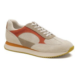 Sneaker with orange and beige accents on a white background