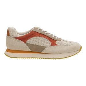 Sneaker with a white, orange, and gray design on a white background