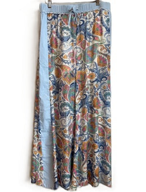Colorful paisley wide leg pants with a chambray waistband and side feature