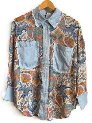 Colorful paisley button front shirt with chambray accents