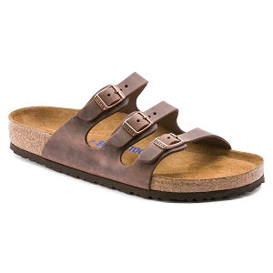 ladies' oiled leather, 3 strap sandal with a soft footbed over cork midsole