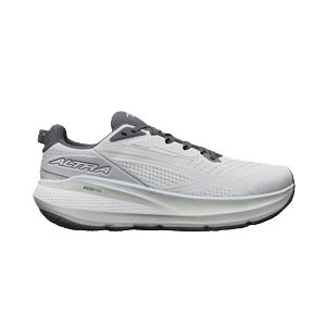 White running shoe with gray accents on a white background
