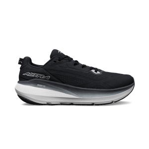 Black running shoe with white sole on a white background