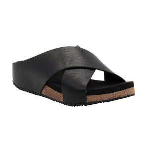 ladies black criss cross sandal with a cushioned footbed over cork