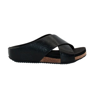 ladies black criss cross sandal with a cushioned footbed over cork