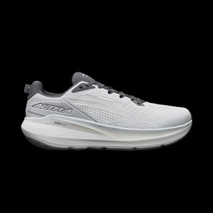 Men's white running shoe with gray accents on a black background