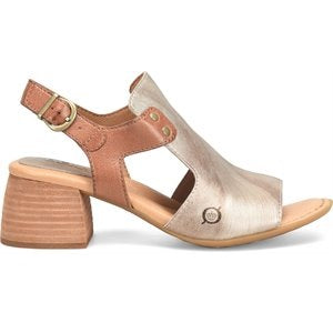 stacked heel, metallic gold and brown leather sandal