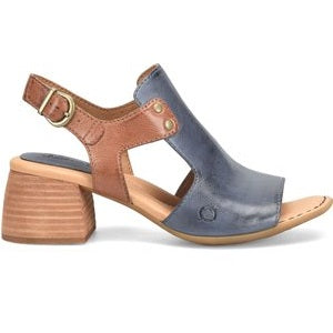 stacked heel, blue and brown leather sandal