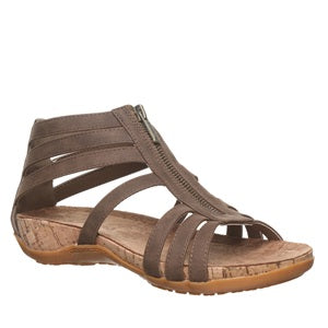 Brown strappy sandal with front zip closure