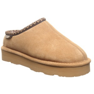 Tan slipper with brown trim on a white background