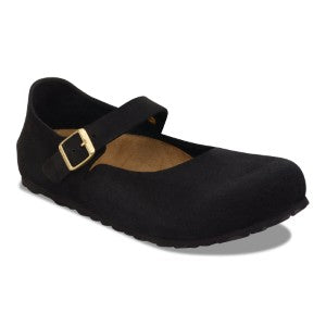 women's black suede mary jane style shoe with a gold buckle
