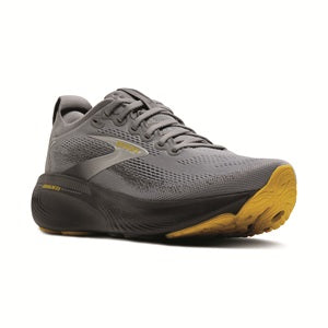 Men's Gray running shoe with yellow sole on a white background