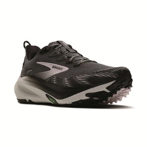Women's Black and gray trail running shoe with 'Brooks' branding .