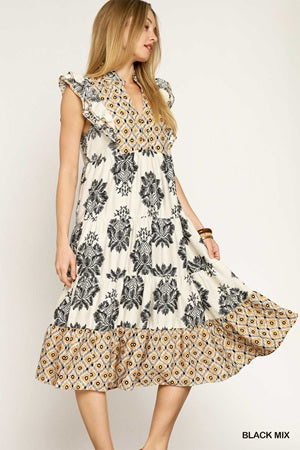 Umgee Ruffle Sleeve Mixed Print Midi Dress