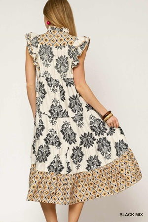 Umgee Ruffle Sleeve Mixed Print Midi Dress