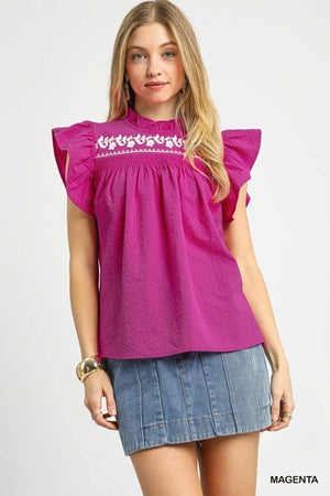 Umgee Embroidered Flutter Sleeve Top