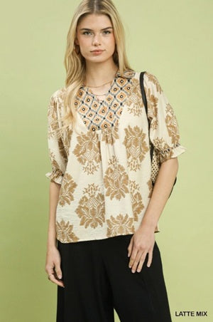 Umgee Mix Printed Puff Sleeve Blouse