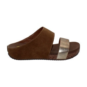 two strap, cushioned footbed over cork slide sandal