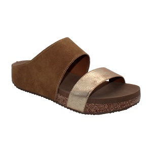 two strap, cushioned footbed over cork slide sandal