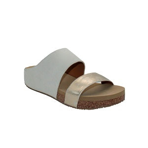 two strap, cushioned footbed over cork slide sandal