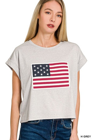 Zenana American Flag Patch Short Tee