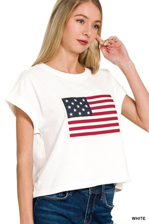 Zenana American Flag Patch Short Tee