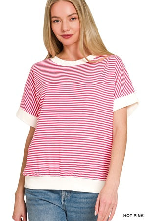 Zenana Contrast Band Striped Top