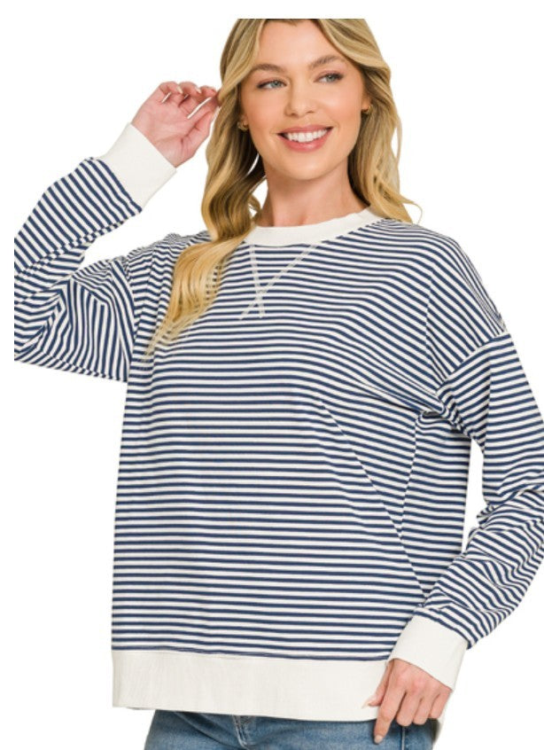 Zenana Striped Rib Banded Pullover