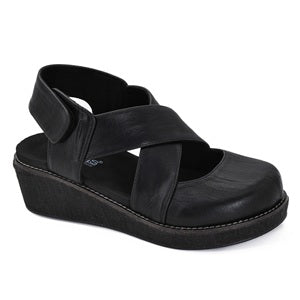women's black wedge sandal with crisscrossing straps and an adjustable ankle strap