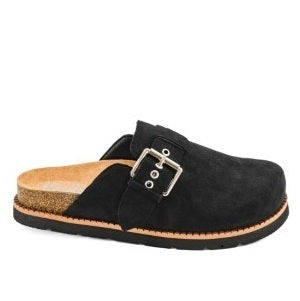 Black clog shoe with a wooden sole on a white background