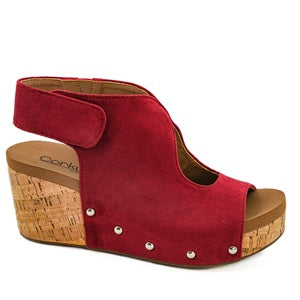 Corkys Frisky Red wedge sandal with cork sole on a white background