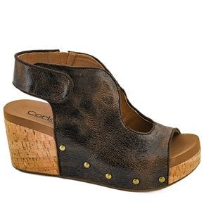 Corkys Frisky Brown wedge sandal with cork sole on a white background