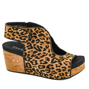 Corkys Frisky Leopard print wedge sandal with cork sole on a white background