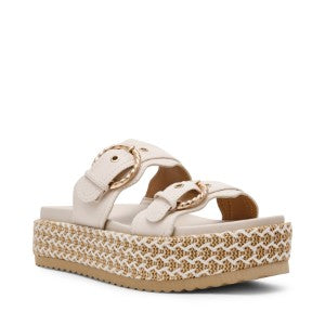 women's white two strap sandal with gold buckles