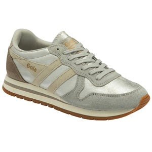 Gray sneaker with brown sole on a white background