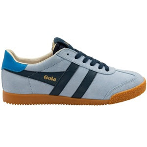two tone blue sneaker with black stripes and navy accents