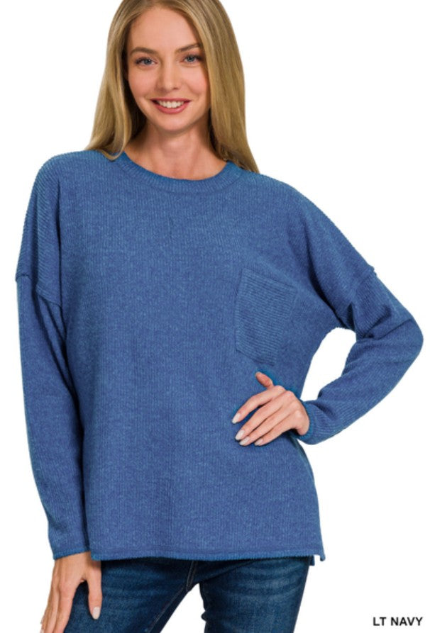 Zenana Ribbed Brushed Sweater With Pocket
