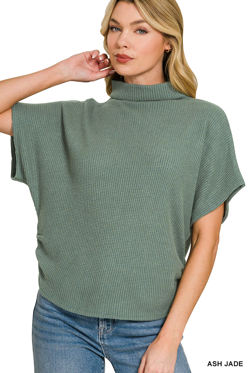 Zenana Mock Neck Side Shirred Sweater
