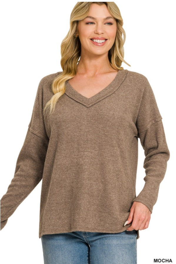 Zenana Ribbed V-neck Drop Shoulder Top