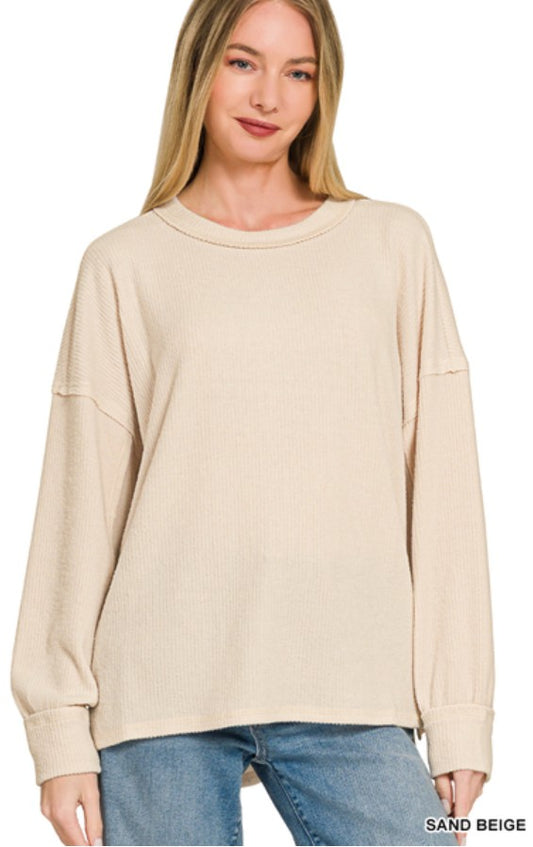 Zenana Ribbed V-neck Drop Shoulder Top