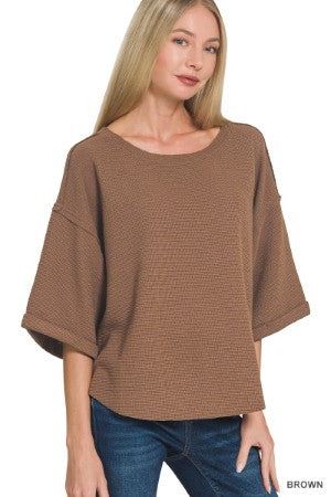 Zenana Double Knit Exposed Seam Curved Hem Top