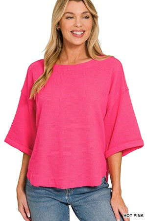 Zenana Double Knit Exposed Seam Curved Hem Top
