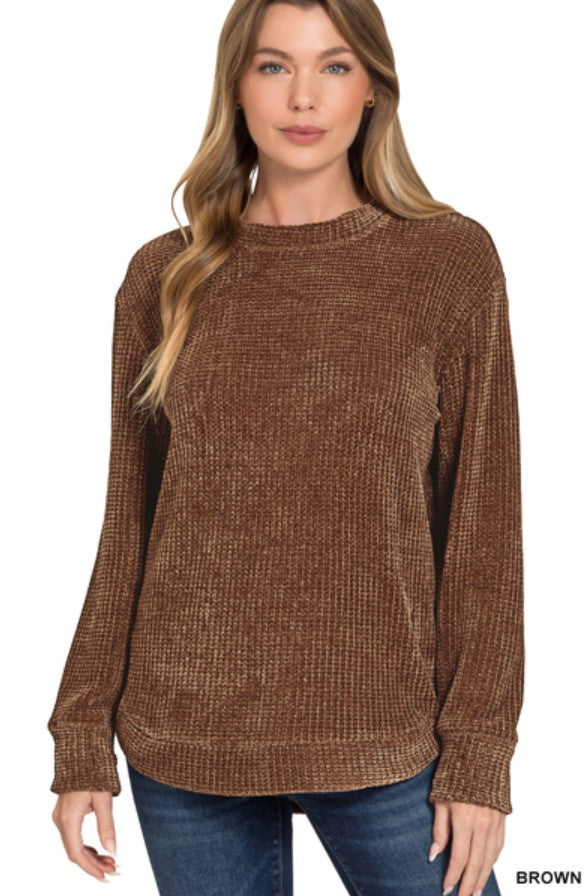 Zenana Chenille Waffle Round Neck Sweater