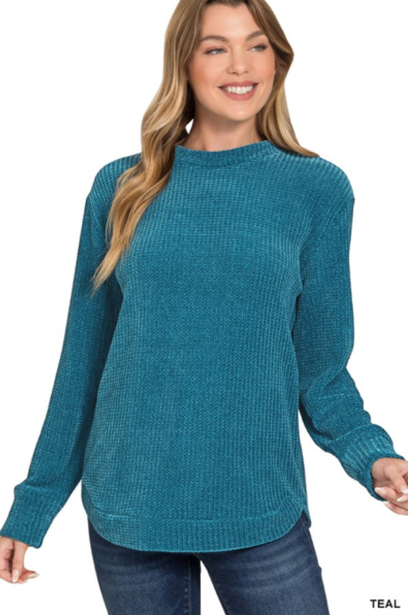 Zenana Chenille Waffle Round Neck Sweater
