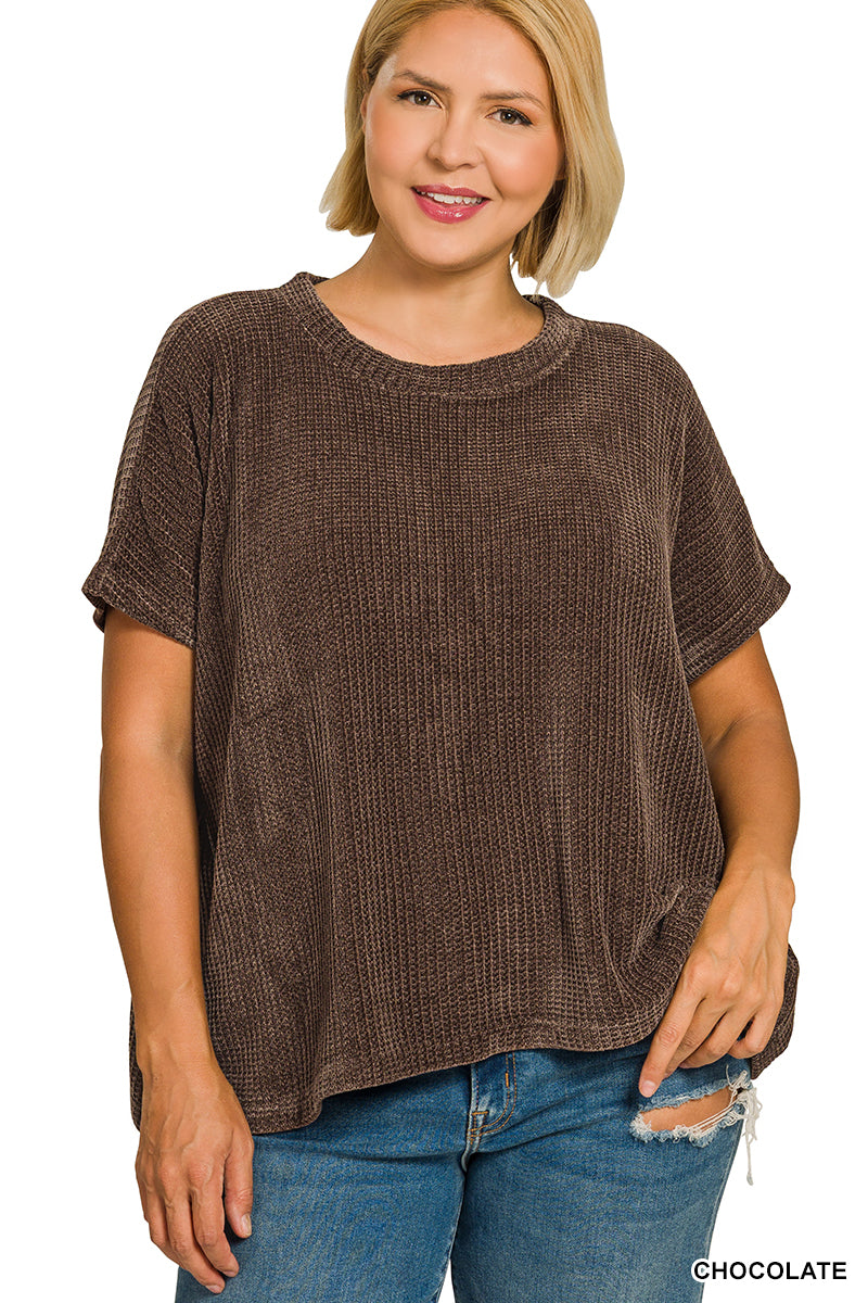 Zenana Plus Chenille Waffle Cap Sleeve Top