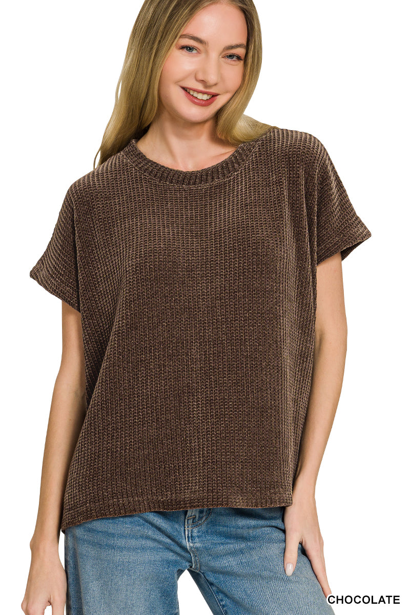 Women's chocolate Chenille Waffle Cap Sleeve Sweater
