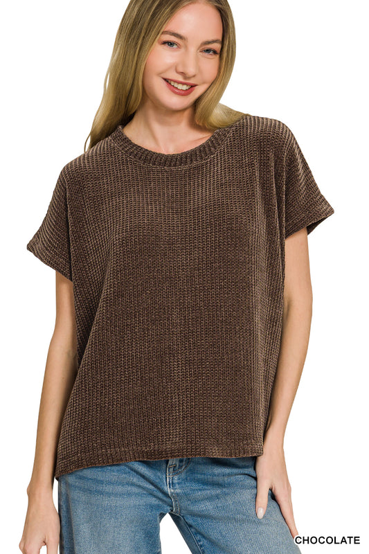 Women's chocolate Chenille Waffle Cap Sleeve Sweater